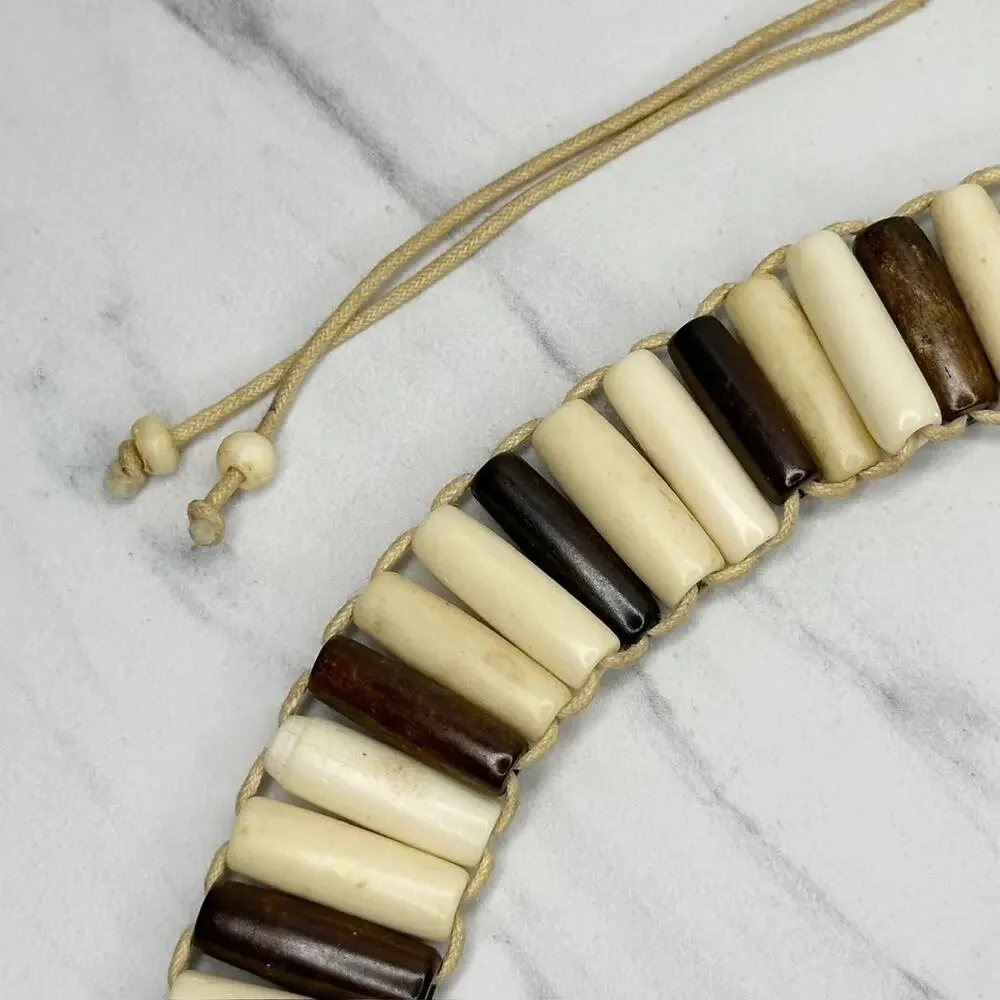 Wood Beaded Tie Belt Brown Cream Boho Statement Belt Medium (M) ✨